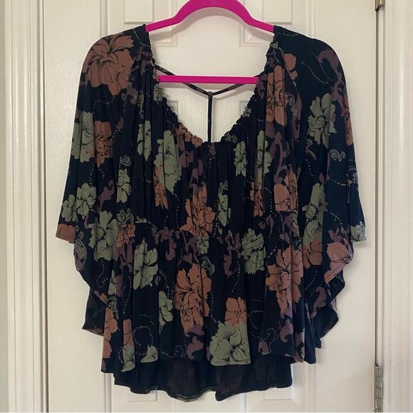 FREE PEOPLE • Glenslide Boho Floral Low Back Bell Sleeve Peasant Top - Picture 3 of 8